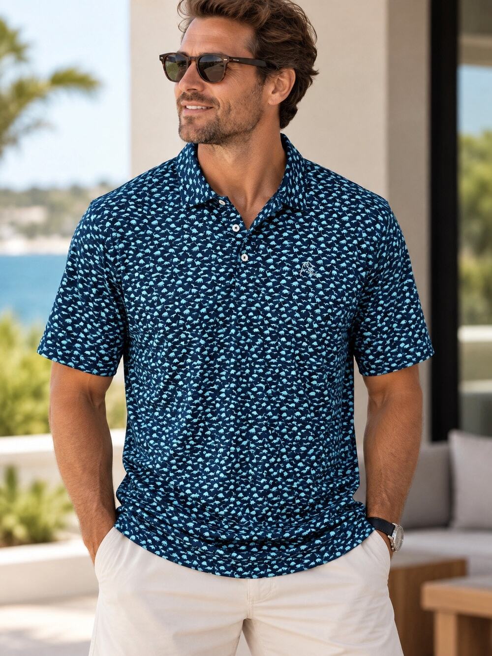 Rhoback Dinosaur Print Short Sleeve Performance Golf Shirt Navy Blue Men's XXL